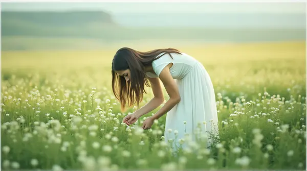 Person Gathering Delicate Blossom In Green Field