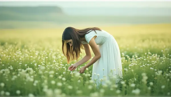 Person Gathering Delicate Blossom In Green Field