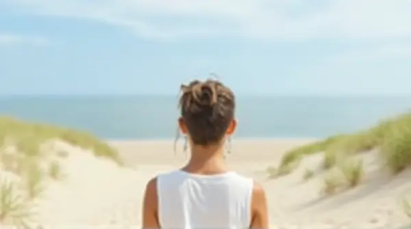 A person in a white sleeveless top looks out over sandy coastal dunes and the ocean under a wide sky.