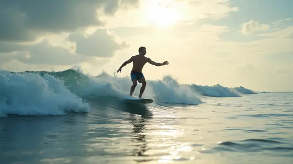 A person glides skillfully along a cresting sea swell near the shoreline under a dynamic morning sky.