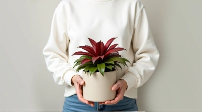 Person Grasping Ceramic Container With Red Foliage