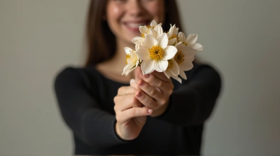 Person Grasping Pale Blossoms With Golden Centers