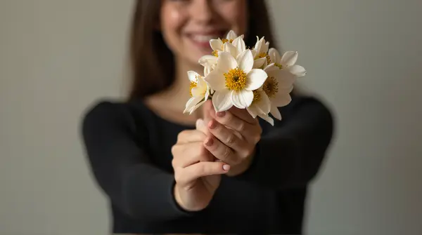 Individual in black long-sleeve top grasping pale blossoms with golden centers against neutral backdrop under soft side lighting.