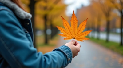 Person Grasping Vibrant Amber Foliage In Urban Park