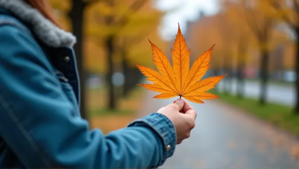 Person Grasping Vibrant Amber Foliage In Urban Park
