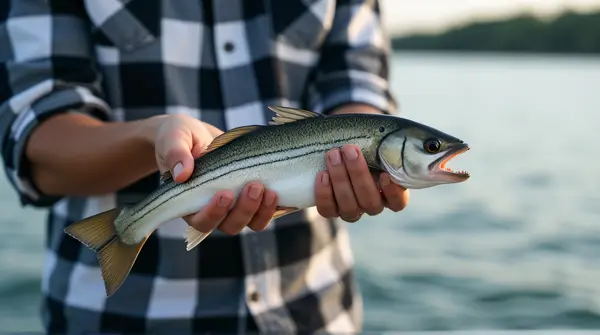 Person Gripping Fresh Catch By Calm Water