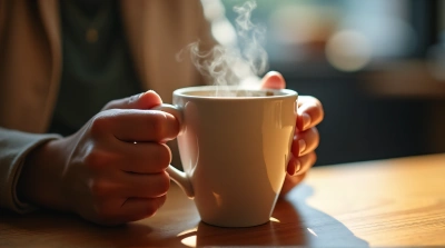 Person Gripping Warm Mug At Wooden Table
