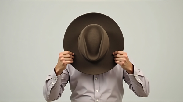 Person gripping a wide-brimmed hat firmly with both hands against a plain backdrop
