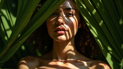 Person Hidden Behind Tropical Leaves With Shadow Patterns