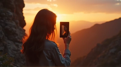 Person Holding Compact At Sunset On Rocky Hill