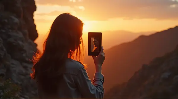 Person Holding Compact At Sunset On Rocky Hill