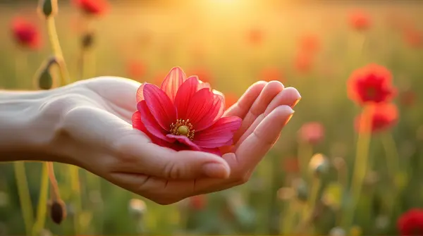 Person holding crimson and rose-colored blossoms in a sunlit meadow with soft natural lighting