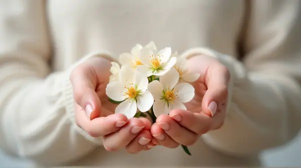 Person Holding Delicate Pale Flowers Close Up