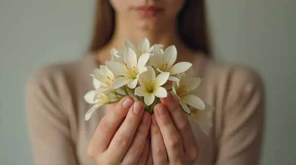 Person Holding Pale Blossoms Close Up