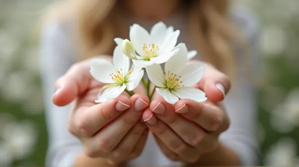 Shallow focus on a person gripping pale blossoms with blurred background emphasizing floral details