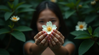 Person Holding Pale Flower Amid Green Leaves