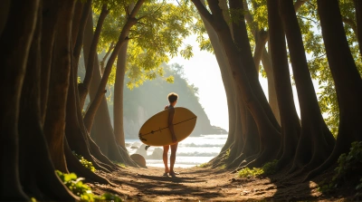 Person Holding Surfboard In Coastal Grove Sunlight