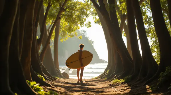 Person clutching a surfboard standing among tall tree trunks with sunlight creating patterned shadows on the ground.