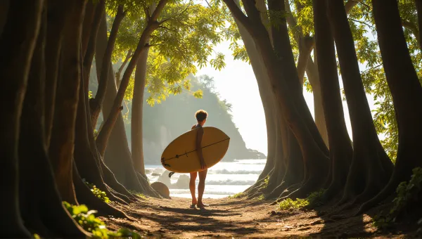 Person Holding Surfboard In Coastal Grove Sunlight