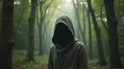 Person in Hooded Cloak Amidst Dense Greenery