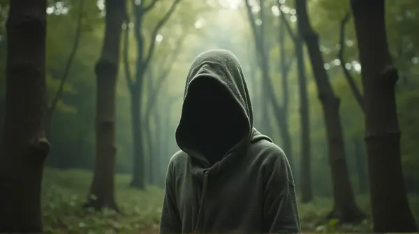 Figure wearing a hooded garment standing among dense leafy plants with soft light filtering down.