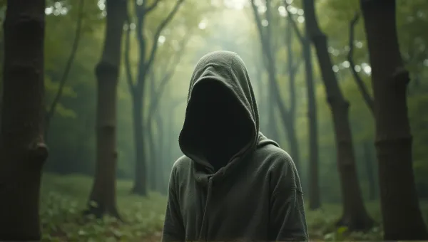 Person in Hooded Cloak Amidst Dense Greenery