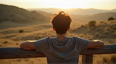 Person Leaning on Rustic Barrier in Soft Sunlight
