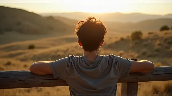 A person resting their arms on a rustic barrier, looking into the distance with soft sunlight casting shadows.