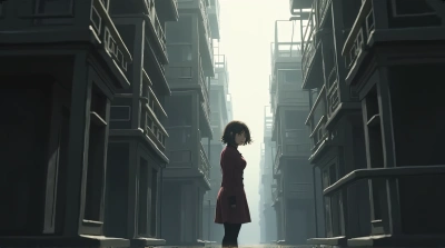 Person Looking Back Near Tall Buildings