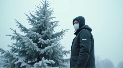 Person With Mask Near Frosted Evergreen Tree