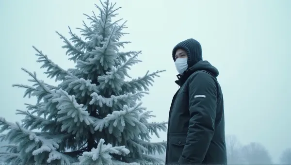 Person With Mask Near Frosted Evergreen Tree