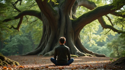 Person Meditating Near Large Ancient Oak Tree