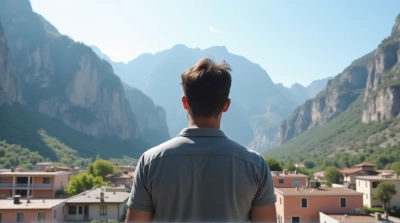 Person Observing Rocky Peaks Beyond Urban Cluster