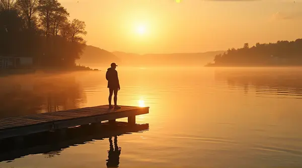 Person On Pier By Serene Lake At Sunset