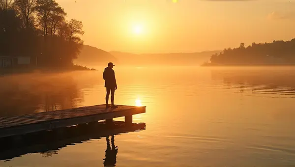 Person On Pier By Serene Lake At Sunset