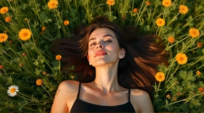 Person Reclining on Colorful Meadow in Sunlight