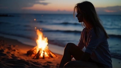 Person Relaxing By Coastal Firelight At Twilight