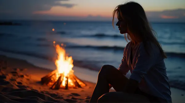 A person seated on sandy shore beside a small fire with gentle waves under a twilight sky