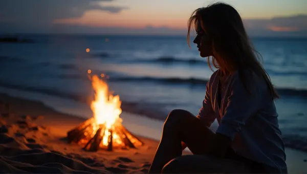 Person Relaxing By Coastal Firelight At Twilight