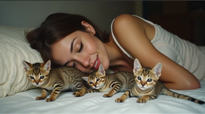 Person Resting Beside Two Striped Cats