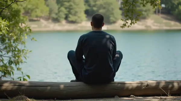 Individual in dark sweatshirt sitting on a weathered timber beam beside a quiet waterbody with scattered foliage in soft daylight.