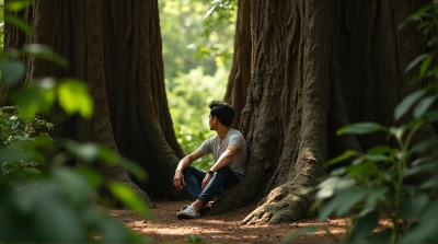 Person Seated Near Large Tree Trunks Amid Dense Foliage