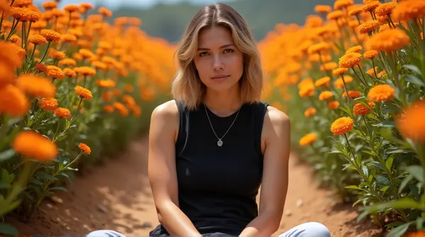 Person Seated on Soil Surrounded by Tangerine Blossoms