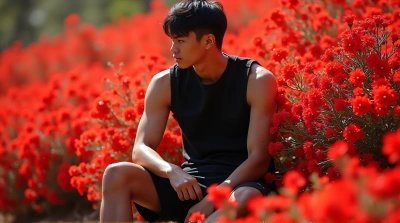 Person Sitting Among Vibrant Red Blossoms In Daylight