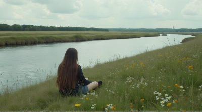 Person Sitting Beside Flowing River With Wildflowers
