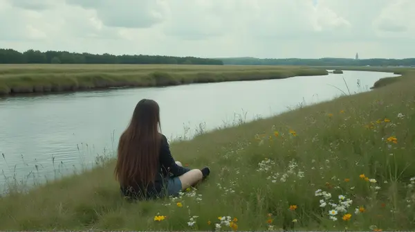 A person with long hair sits on a grassy bank beside a gently flowing river with wildflowers under an overcast sky.