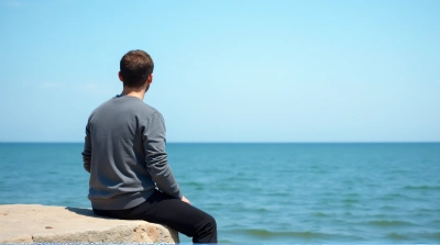 Person Sitting by Calm Water in Gray Sweater