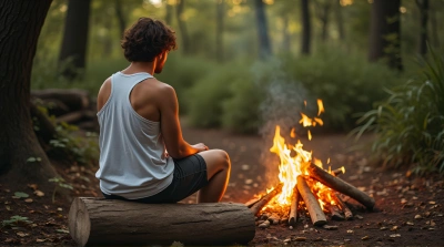 Person Sitting By Fire Pit With Glowing Embers