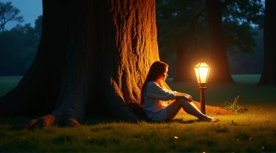 Person Sitting By Giant Trunk Under Vintage Lamp