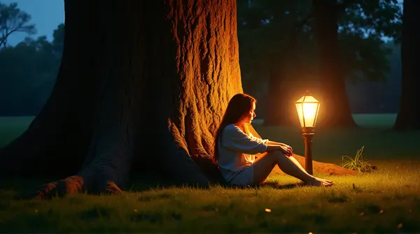 Person seated on grass beside massive tree trunk illuminated by vintage lamp in soft evening light
